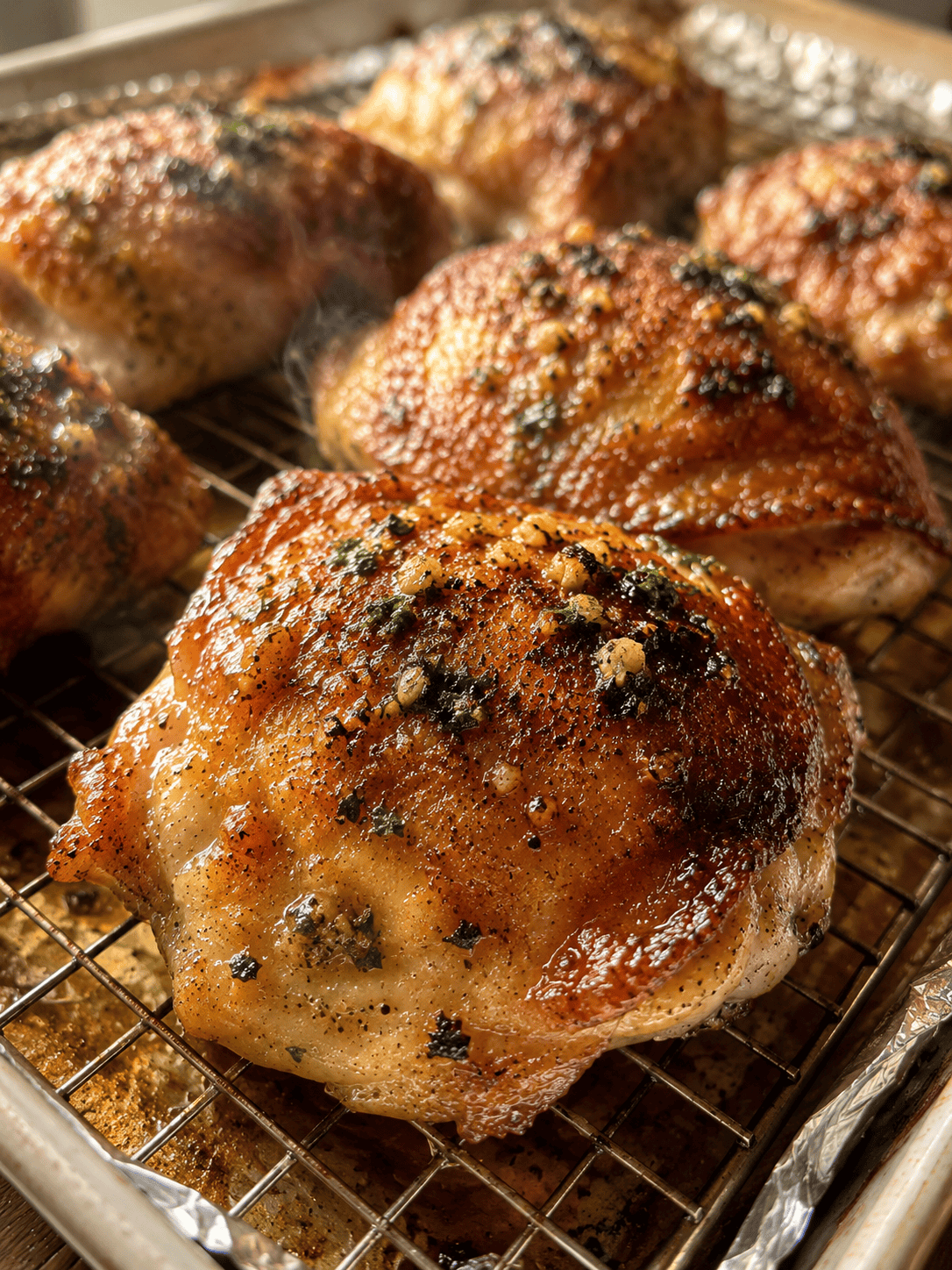 Crispy garlic butter baked chicken thighs — deeply golden skin, glistening with garlic butter and fresh parsley