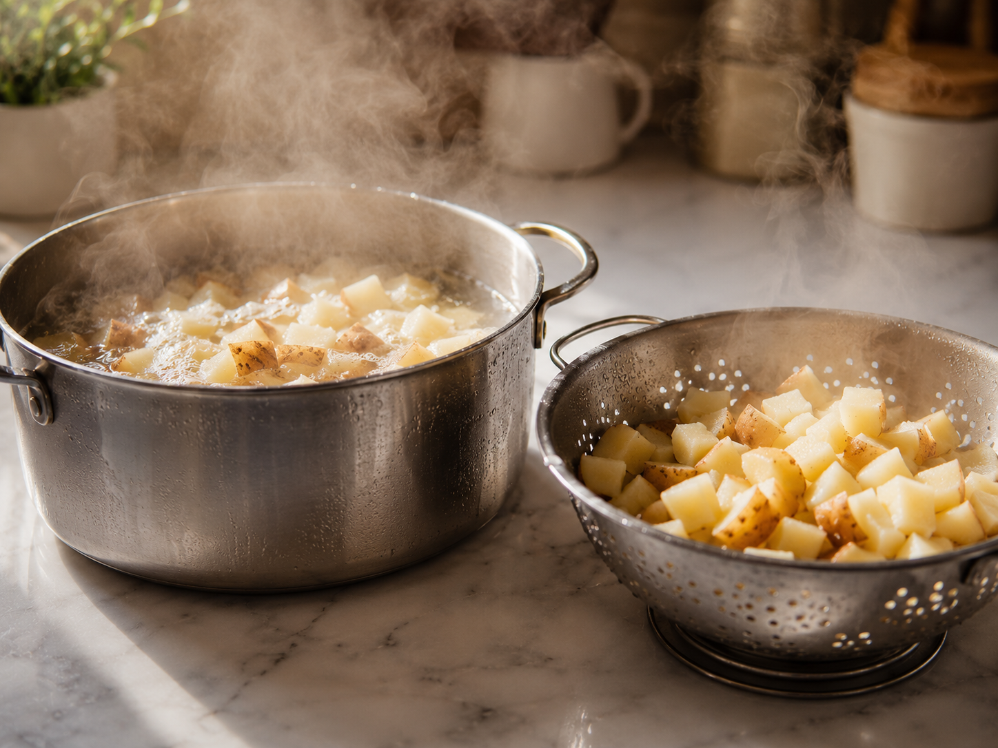 Cubed potatoes boiling in salted water, then drained and steam-dried in the pot