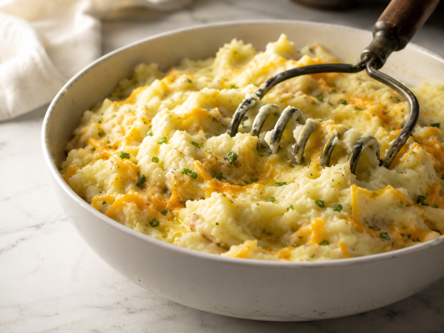 Creamy cheesy mashed potato filling in a bowl — thick, golden and ready to shape