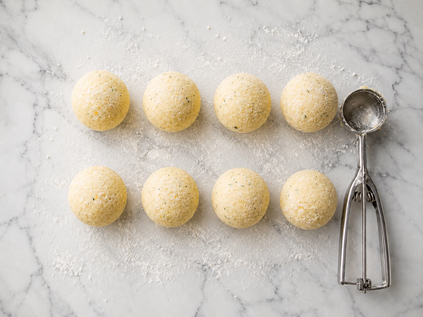 Hands rolling potato croquettes into oval log shapes — uniform and ready to bread