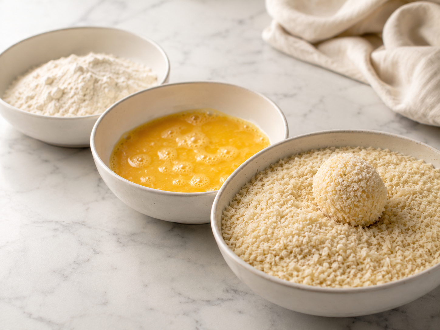 Three-bowl breading station with flour, beaten egg and panko — croquette being coated in breadcrumbs