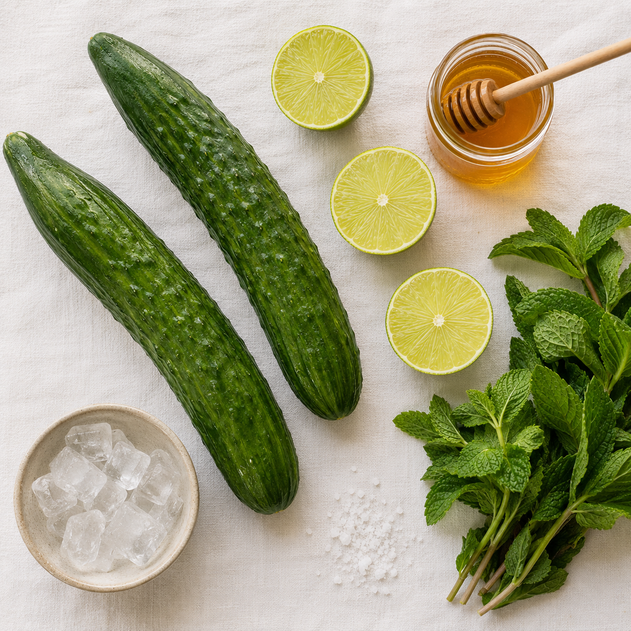 All agua fresca ingredients laid out: English cucumbers, limes, honey, fresh mint, and cold water