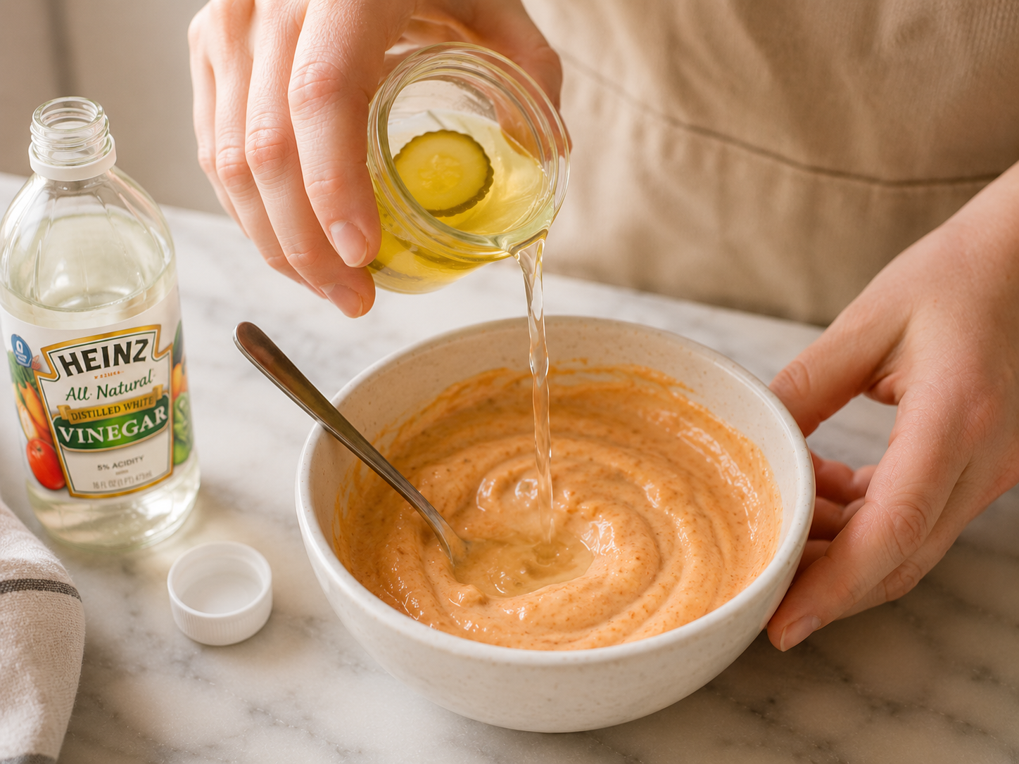 Adding pickle juice and white vinegar to the sauce — the secret to that tangy depth