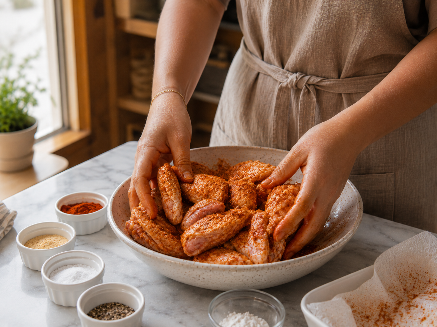 Wings tossed in a bowl with oil, baking powder and dry spice rub — evenly coated