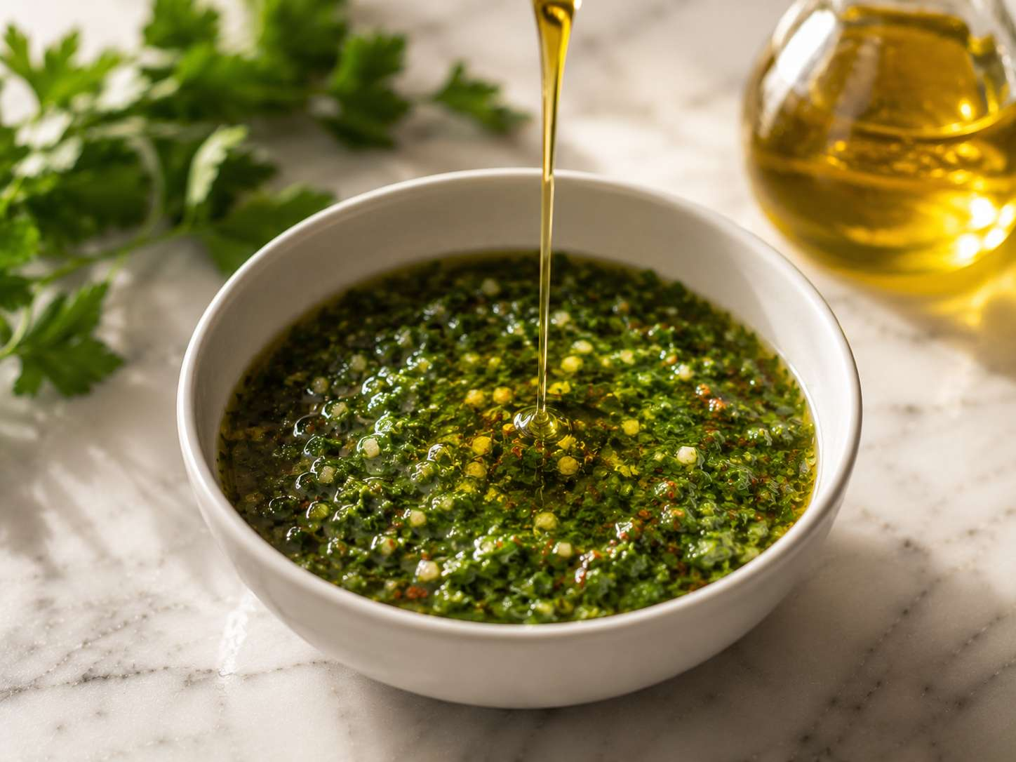 Olive oil being drizzled slowly into the herb mixture while stirring — loosely combined