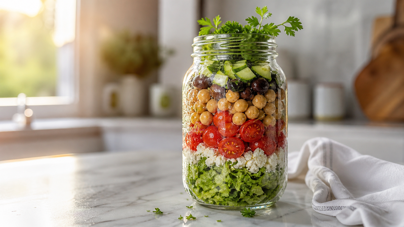 Greek chickpea mason jar salad — beautiful layers of chickpeas, feta, olives, tomatoes and romaine visible through the glass