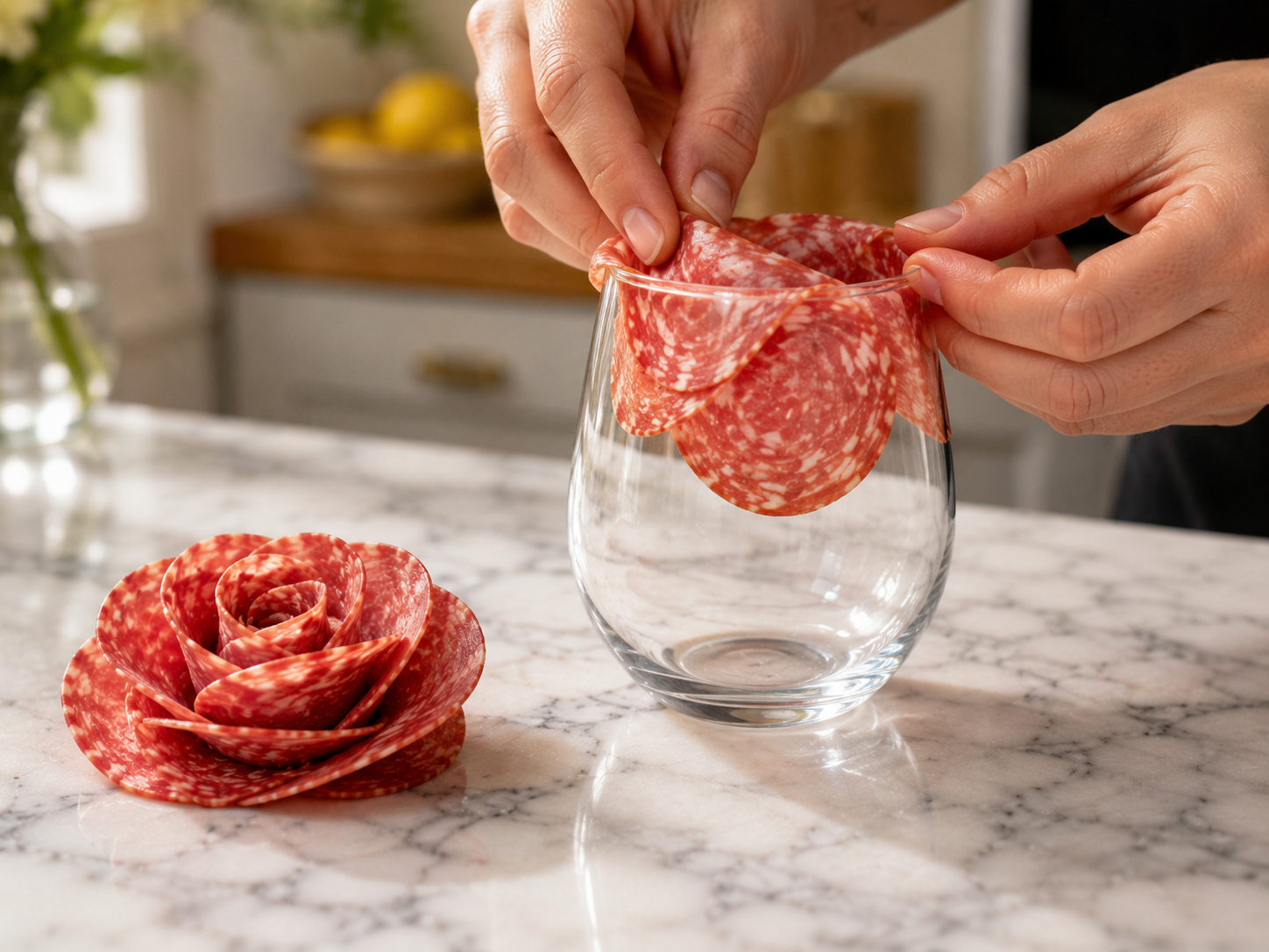 Salami slices folded into quarters and layered around the rim of a wine glass — forming a beautiful rose shape