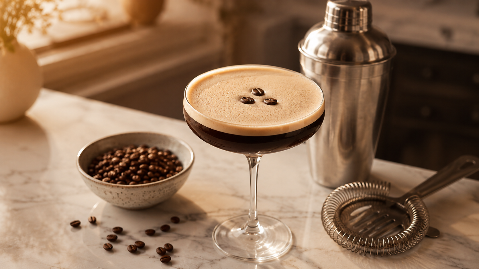 Finished espresso martini — dark, glossy and frothy, ready to enjoy
