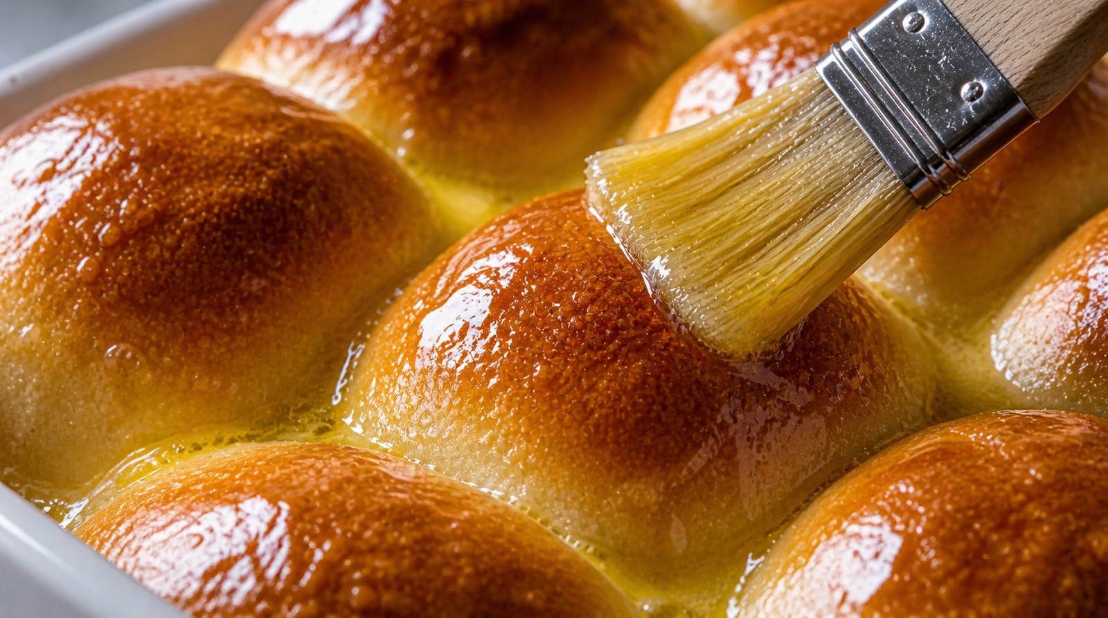 Freshly baked sourdough discard rolls being brushed with melted butter straight out of the oven