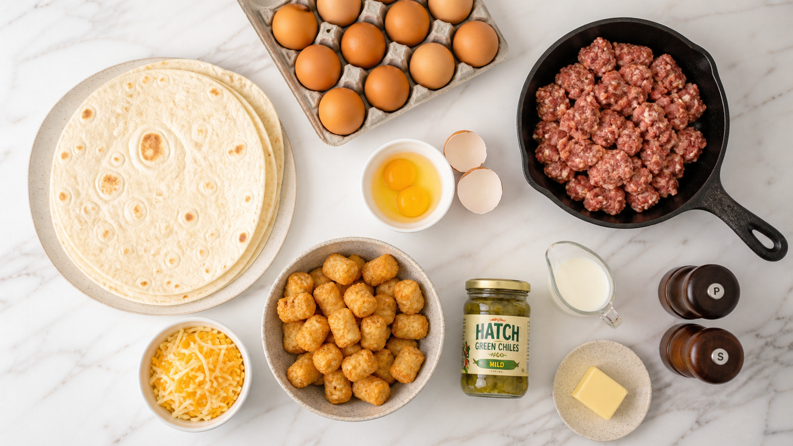 All freezer breakfast burrito ingredients laid out: tortillas, eggs, sausage, tater tots, cheese, green chiles and seasonings
