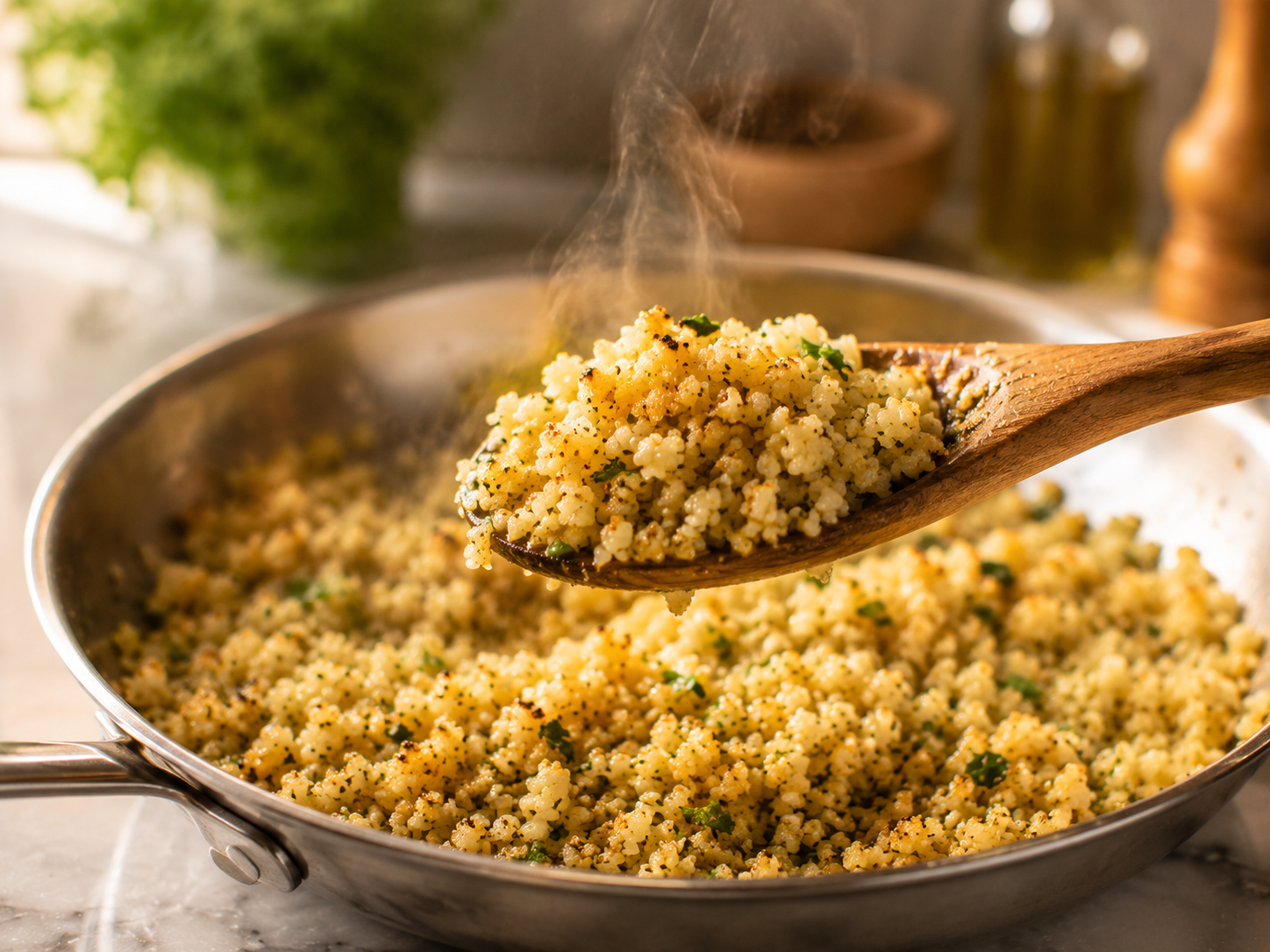 Finished garlic butter cauliflower rice plated and ready to serve — fluffy, golden and aromatic