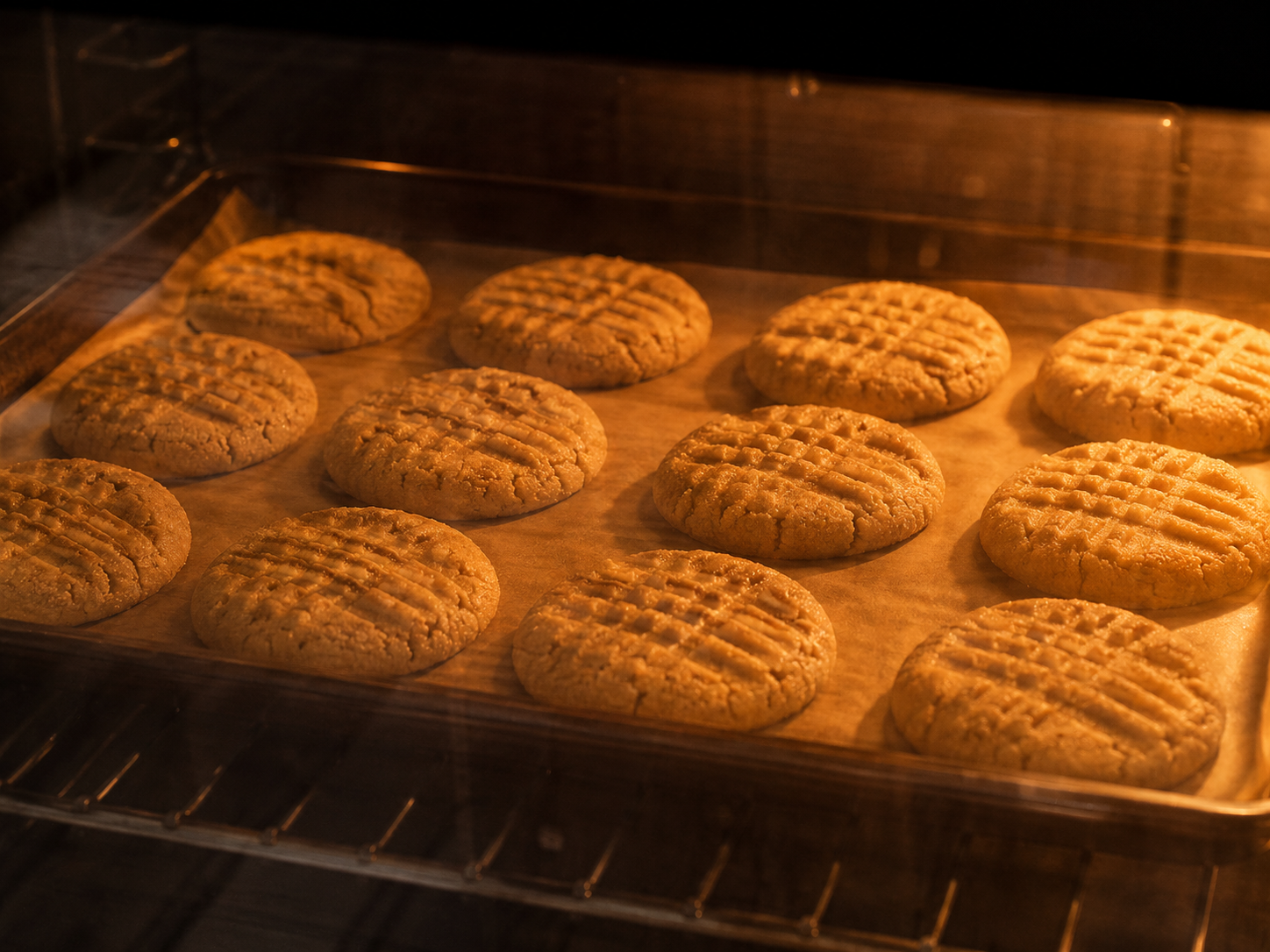 Peanut butter cookies baking in the oven — edges just set, centers still soft