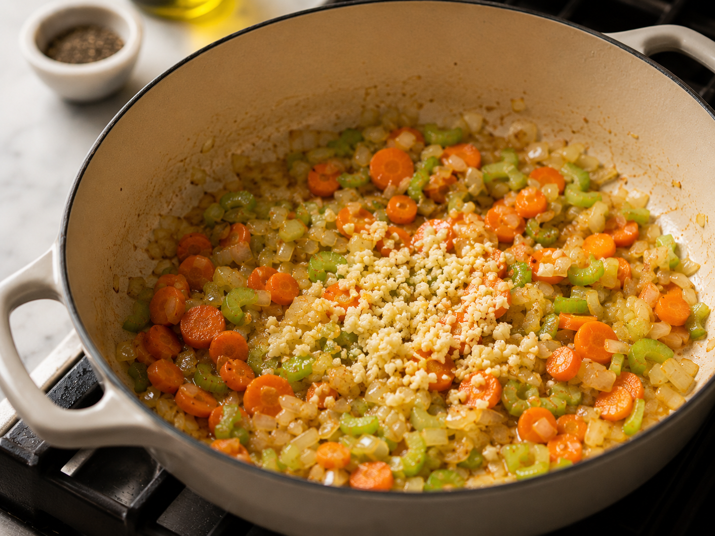 Onion, carrots and celery softening in the pot — garlic added and fragrant