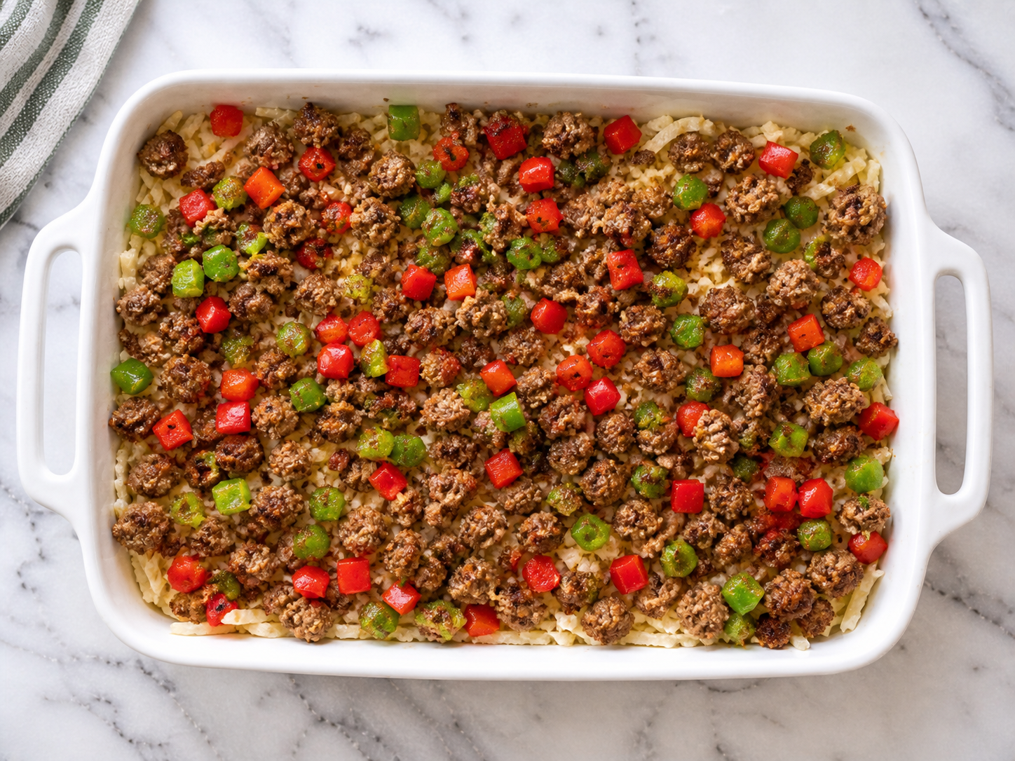 Cooked sausage crumbles and diced bell peppers spread evenly over the hash brown layer