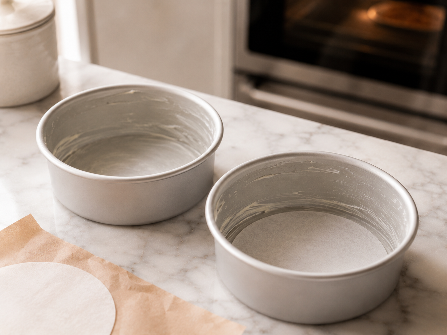 Two 4-inch round cake pans greased and lined with parchment paper — ready for the batter