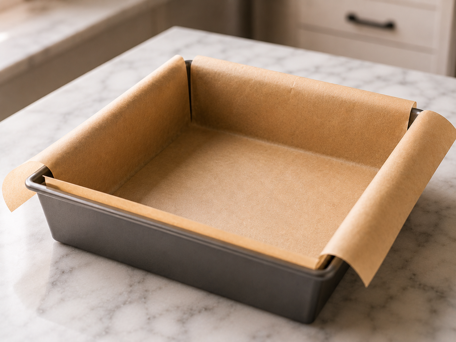 8x8 baking pan lined with parchment paper with overhang on the sides — ready for the fudge