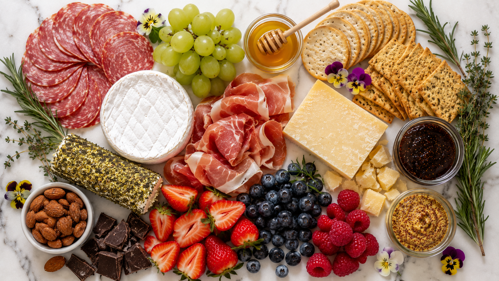 All Mother's Day brunch board ingredients laid out: salami, prosciutto, cheeses, crackers, berries, grapes, honey, jam, nuts and edible flowers