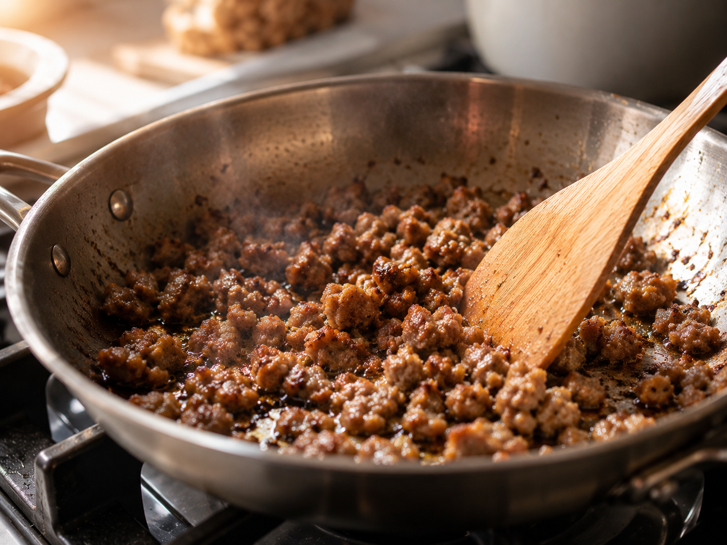 Breakfast sausage browning and breaking up in a large skillet over medium heat