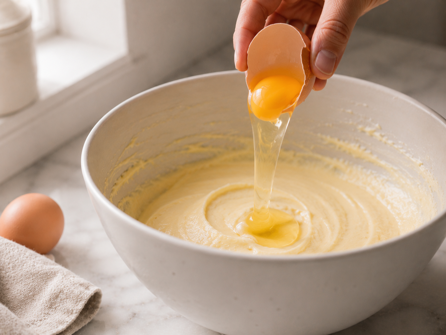 Eggs added one at a time to the creamed butter mixture — beaten well between each addition