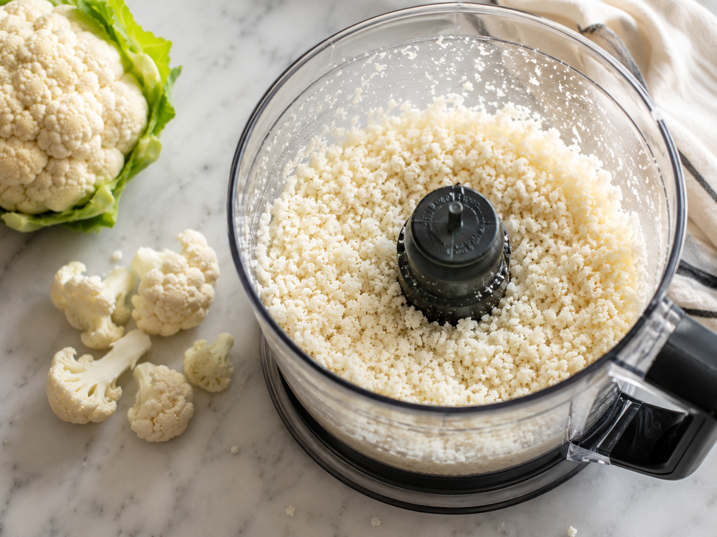 Cauliflower florets pulsed in a food processor into small rice-sized pieces