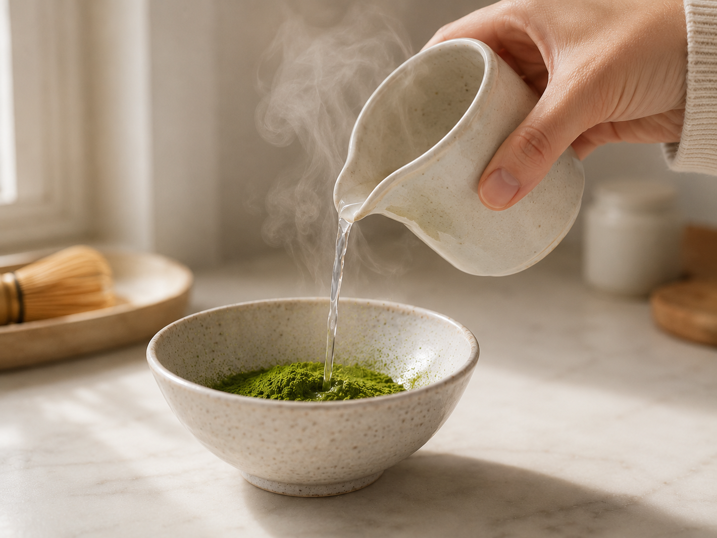 Pouring hot (not boiling) water over sifted matcha powder in a small bowl