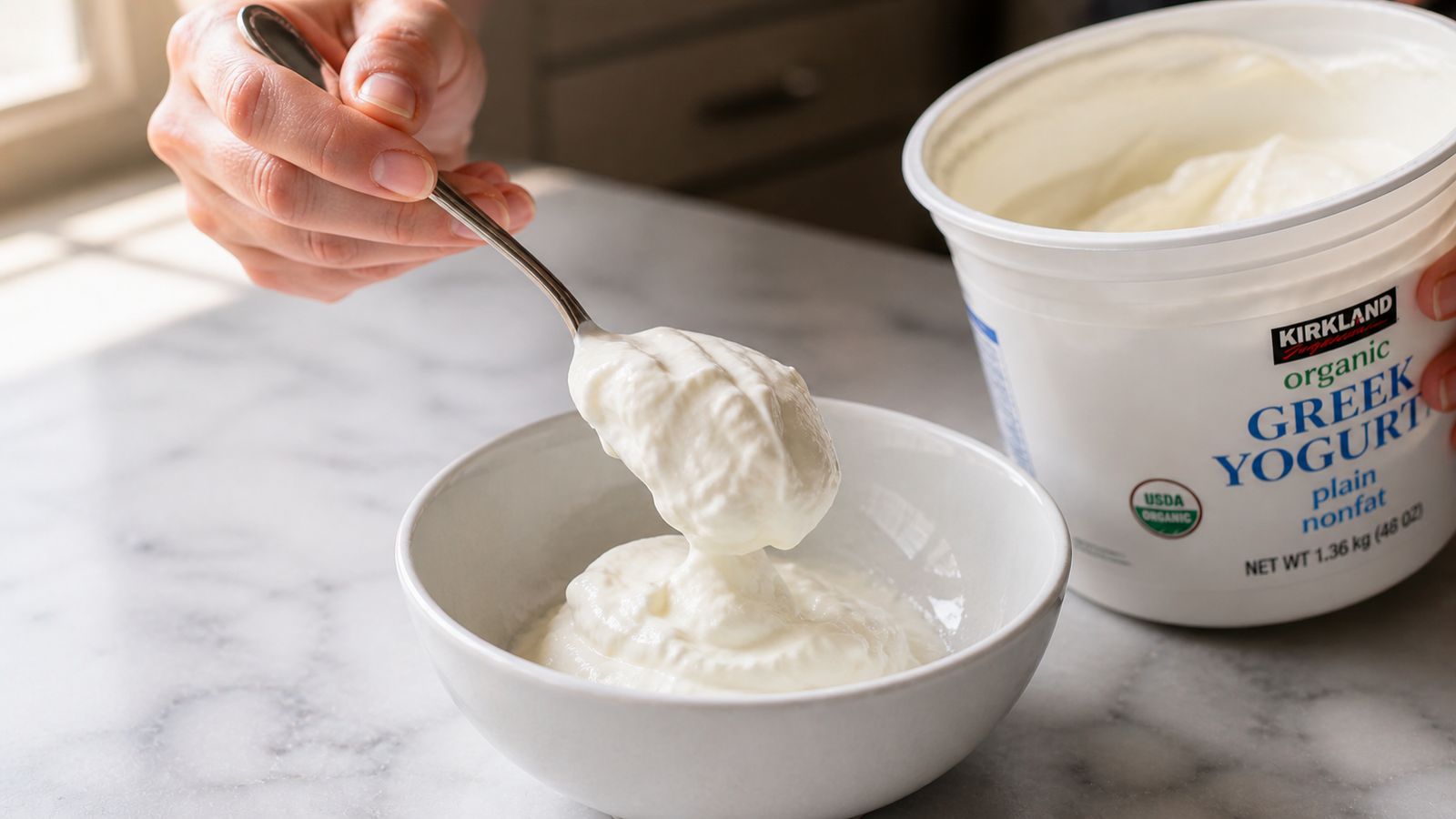 Plain Greek yogurt spooned into a wide bowl — clean white base ready for toppings