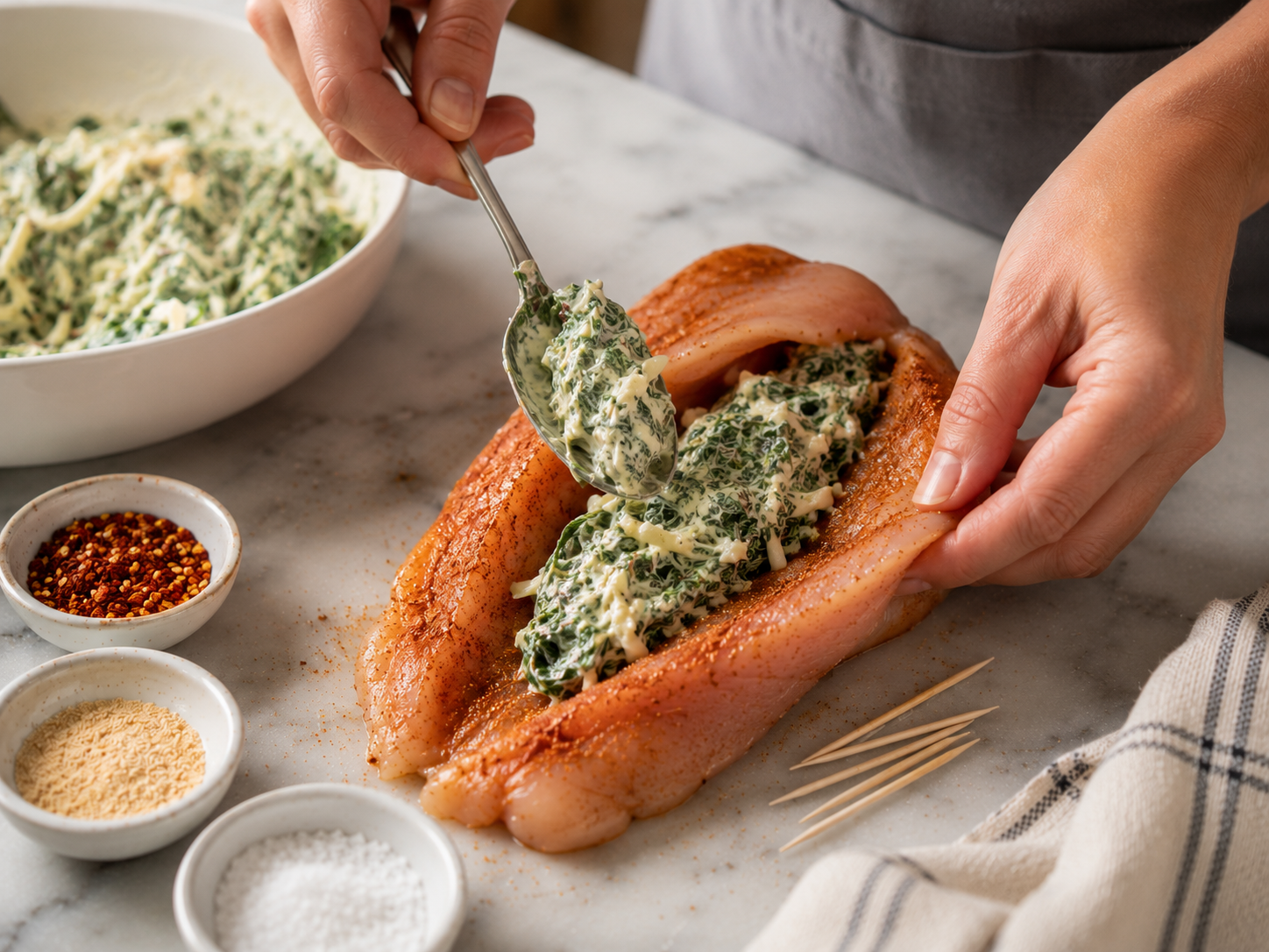 Chicken breast stuffed with creamy spinach filling and secured with toothpicks