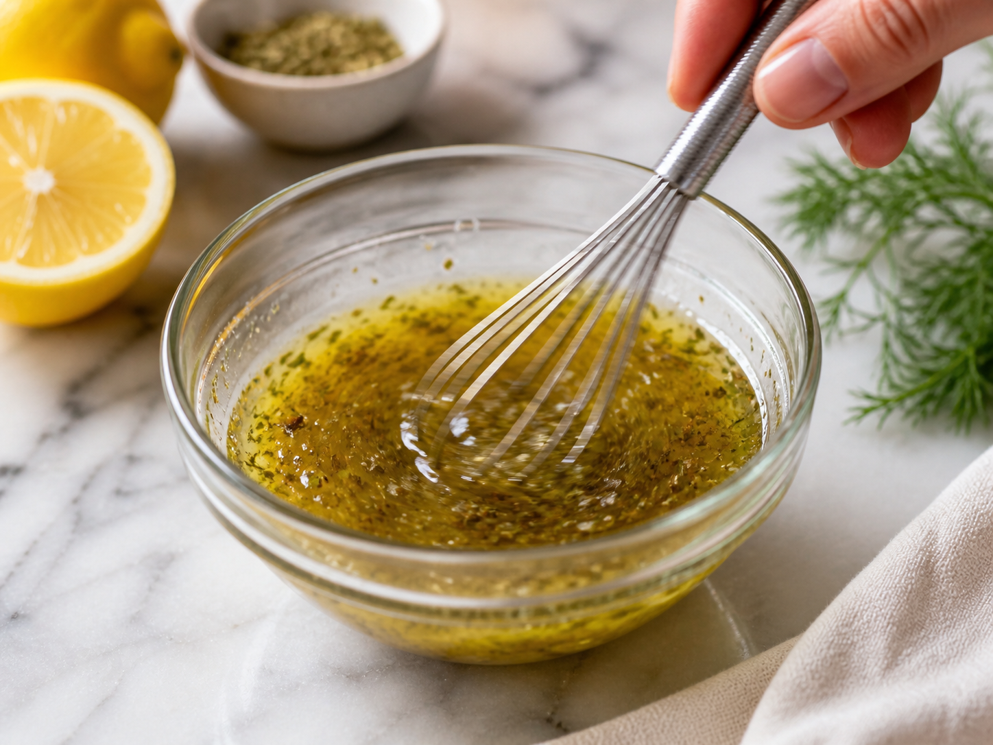 Lemon-oregano dressing poured into the bottom of a wide-mouth mason jar — the first and most important layer