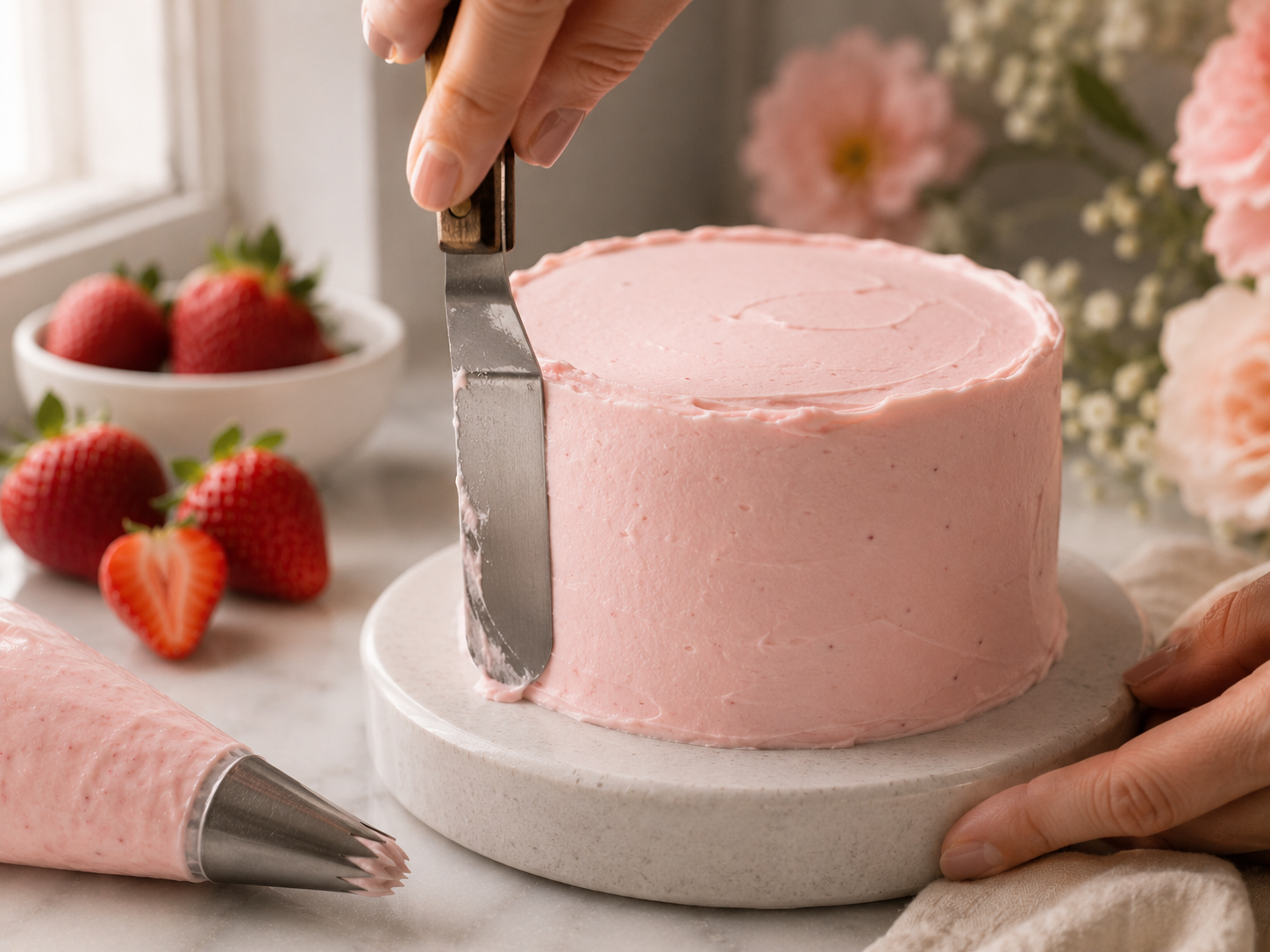 Bento cake frosted in soft pink buttercream with piped rosettes, fresh strawberries and a small message card on top