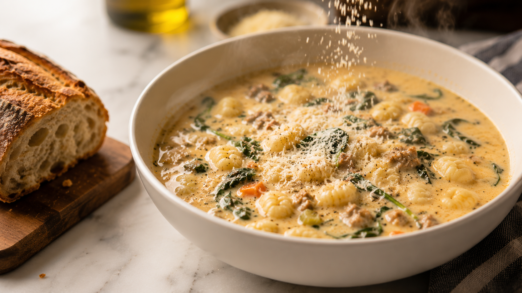Creamy gnocchi soup ladled into a bowl and finished with grated Parmesan — ready to serve