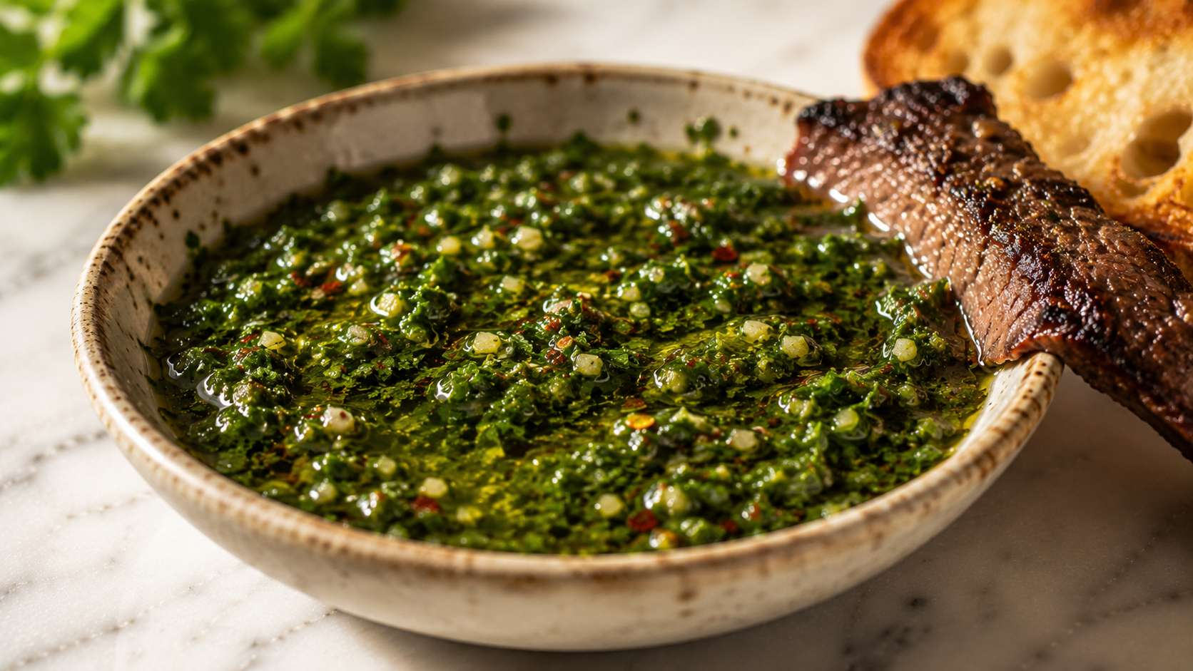 Finished chimichurri sauce resting in a bowl at room temperature — vivid green and fragrant