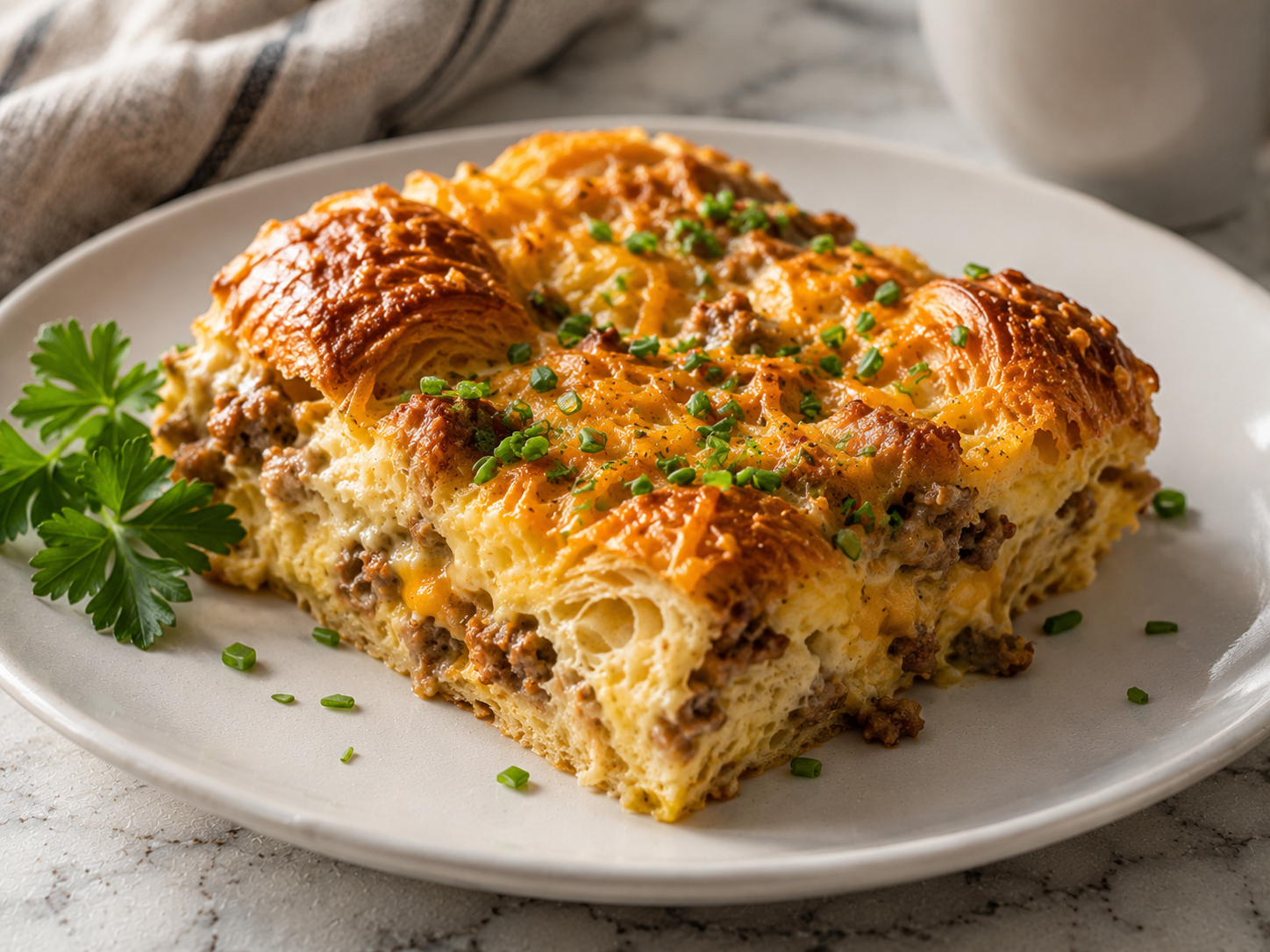 Finished croissant casserole sliced and garnished with fresh chives — golden, custardy and beautiful