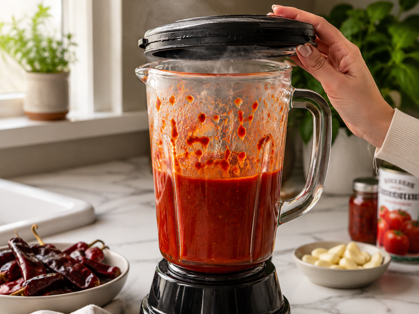 Soaked chiles, garlic, tomatoes and spices blended into a smooth deep red chile sauce