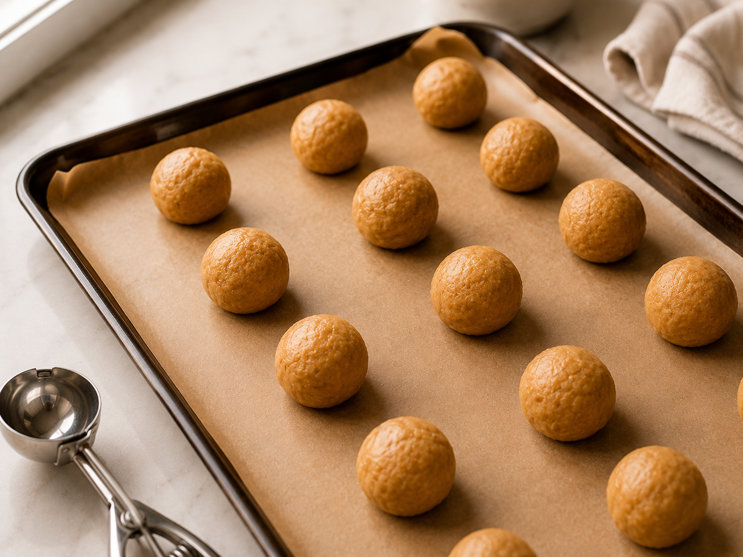 Peanut butter cookie dough rolled into balls and placed on a parchment-lined baking sheet