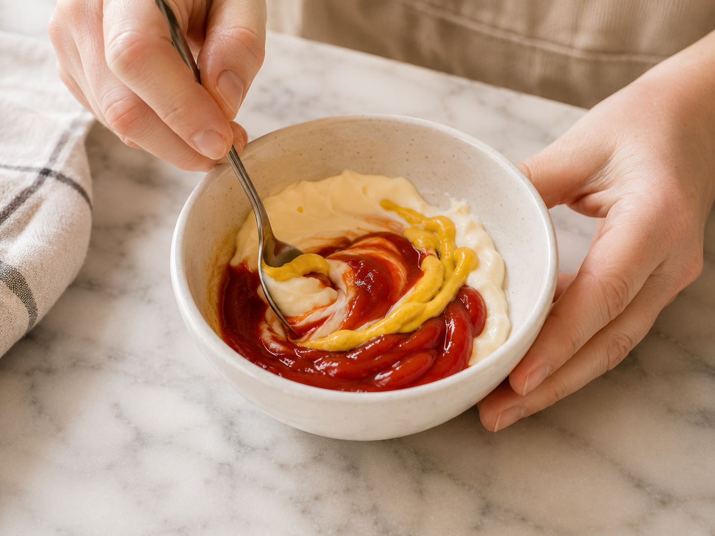 Mayo, ketchup and yellow mustard combined in a bowl — base of the smash burger sauce