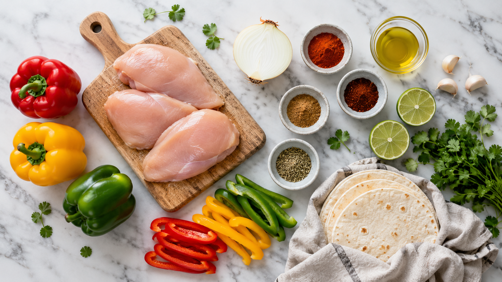 All chicken fajita ingredients laid out: chicken, peppers, onion, limes, spices and tortillas