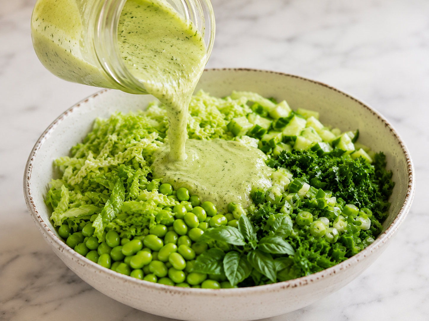 Green Goddess salad being tossed thoroughly — every piece coated in the creamy herb dressing