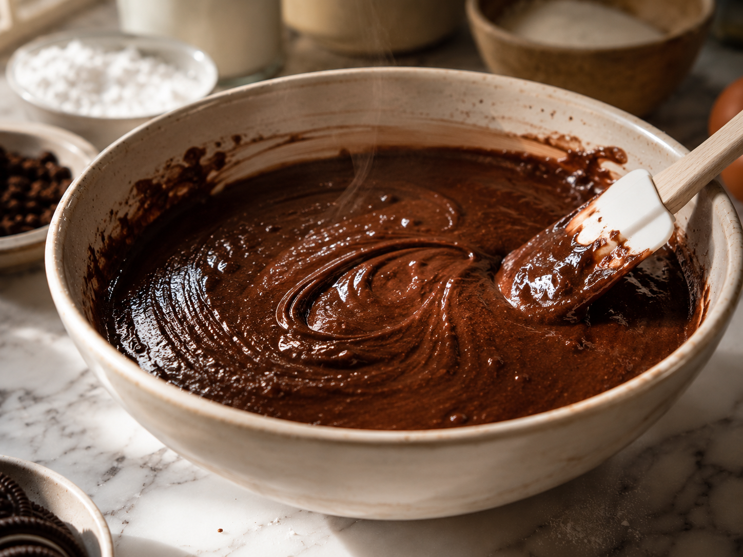 Wet ingredients added to the dry mix — smooth, thin chocolate batter ready for the Oreos