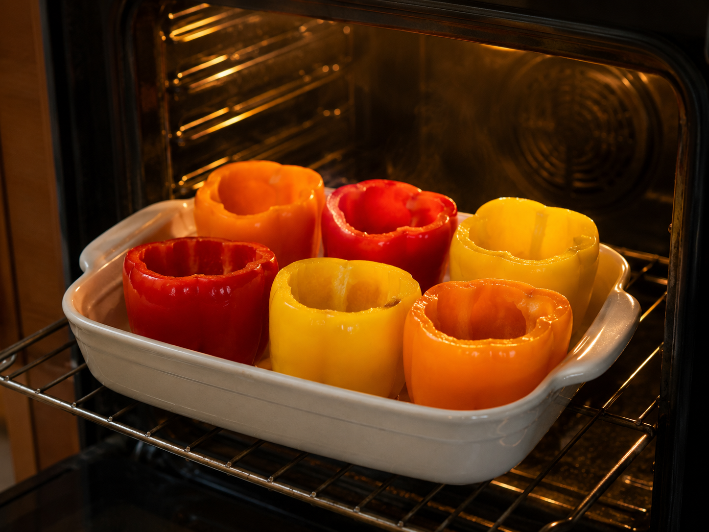 Empty bell peppers standing upright in a baking dish, pre-baking in the oven