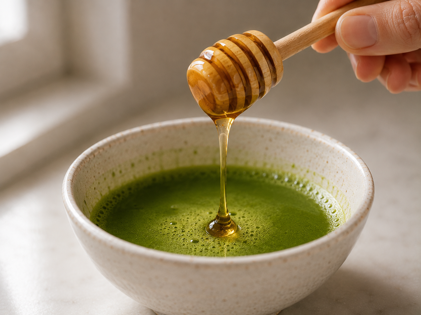 Stirring honey into the warm matcha mixture until fully combined