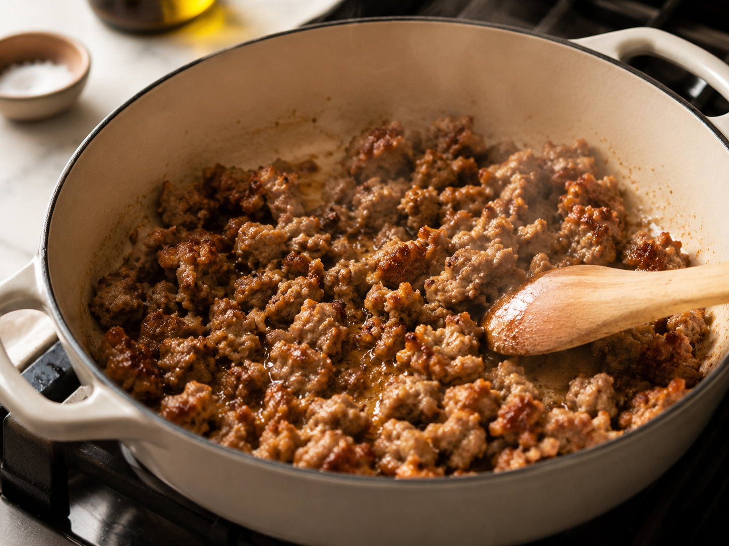 Italian sausage browning and breaking apart in a Dutch oven — caramelized and cooked through