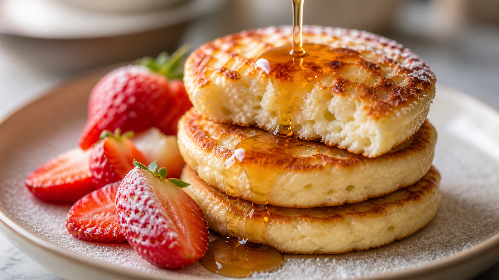 Close-up of the finished cottage cheese pancake stack — golden, fluffy and perfectly topped