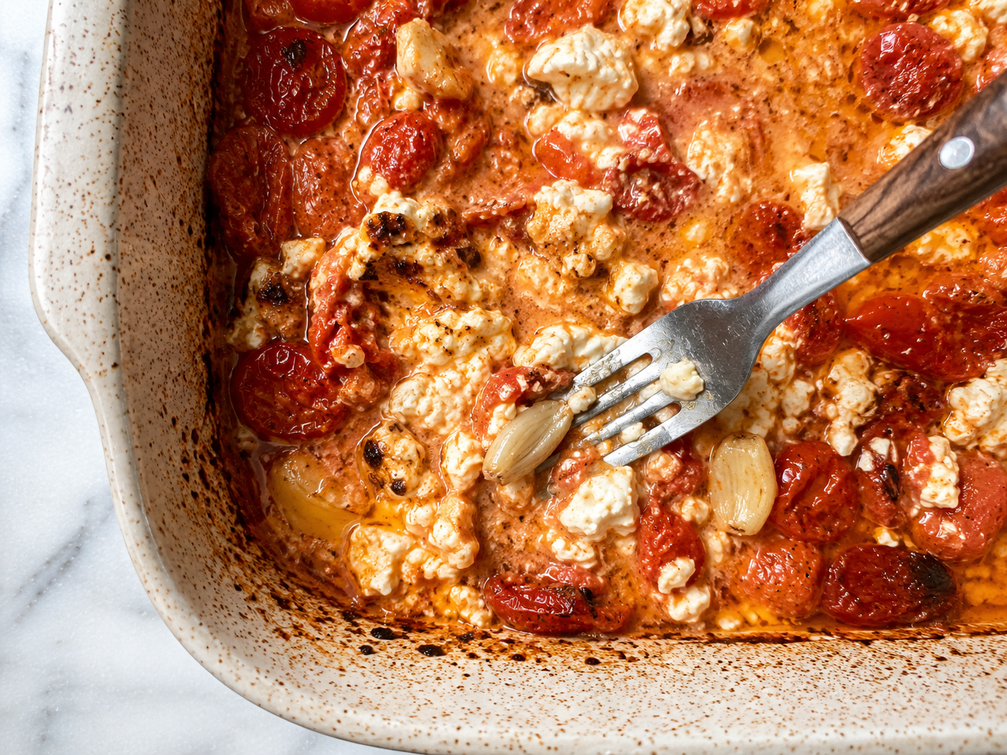Mashing feta and roasted garlic into the blistered tomatoes to create a creamy sauce