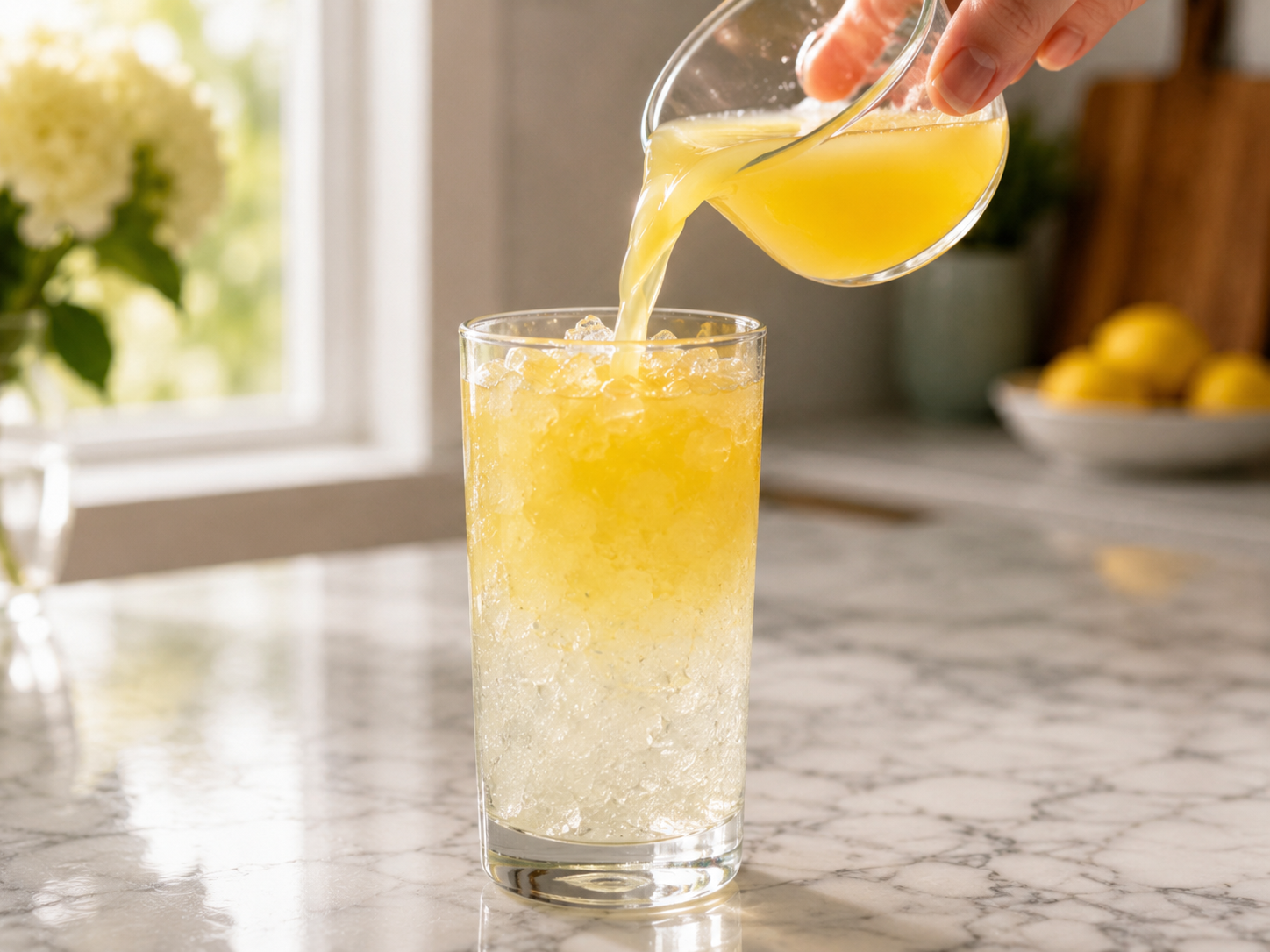 Pineapple juice poured slowly over the lemonade — the tropical base coming together