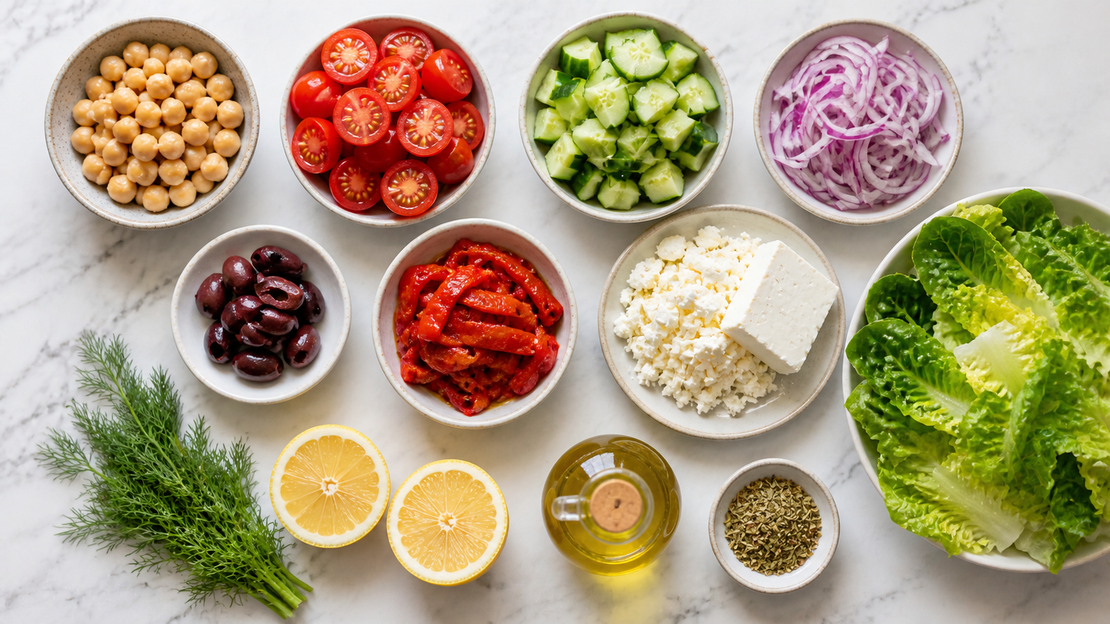 All Greek chickpea mason jar salad ingredients laid out: chickpeas, romaine, cherry tomatoes, cucumber, olives, feta, red onion and dressing ingredients
