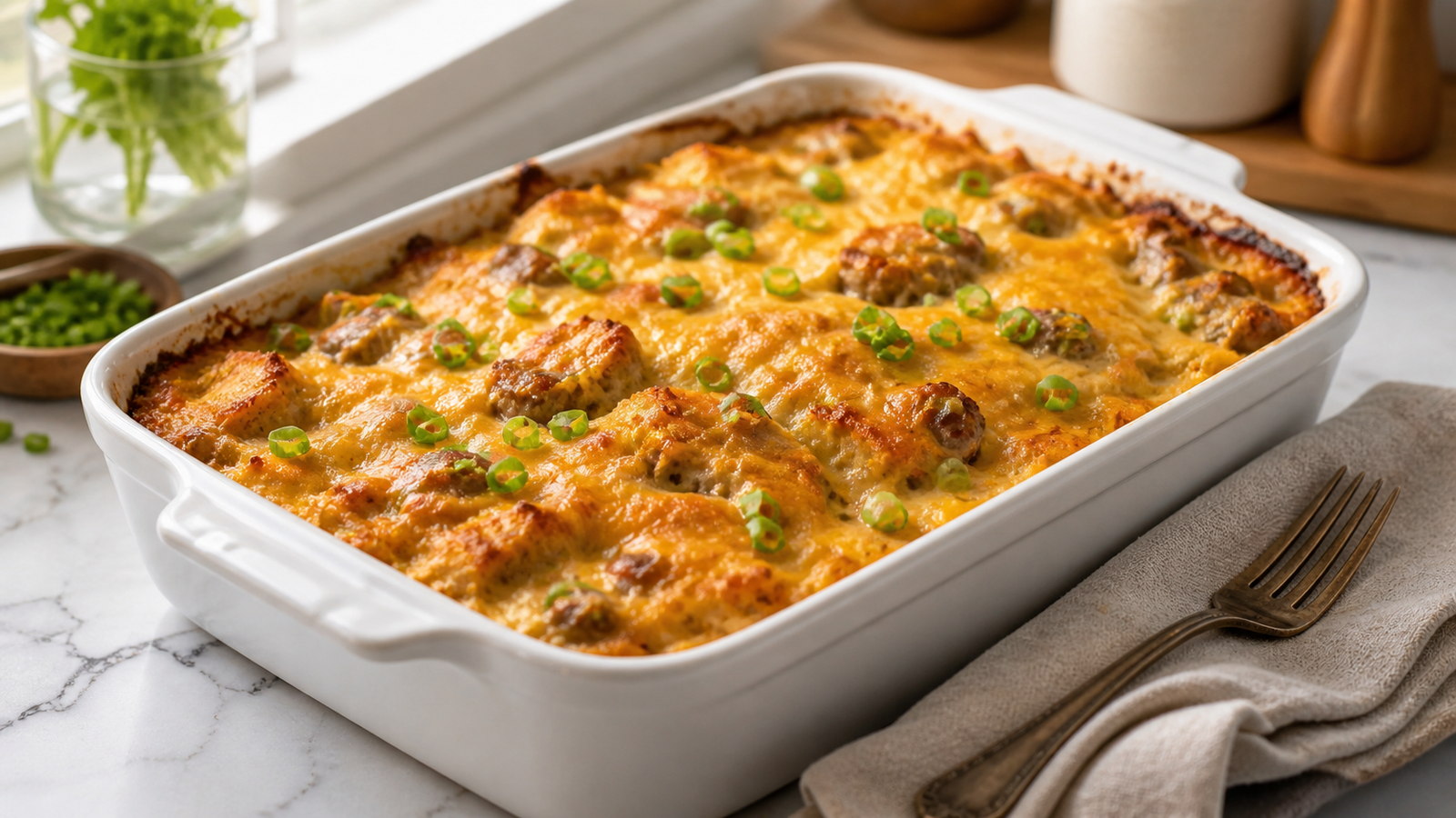 Easy breakfast casserole fresh from the oven — golden cheesy top with sausage, hash browns and egg visible