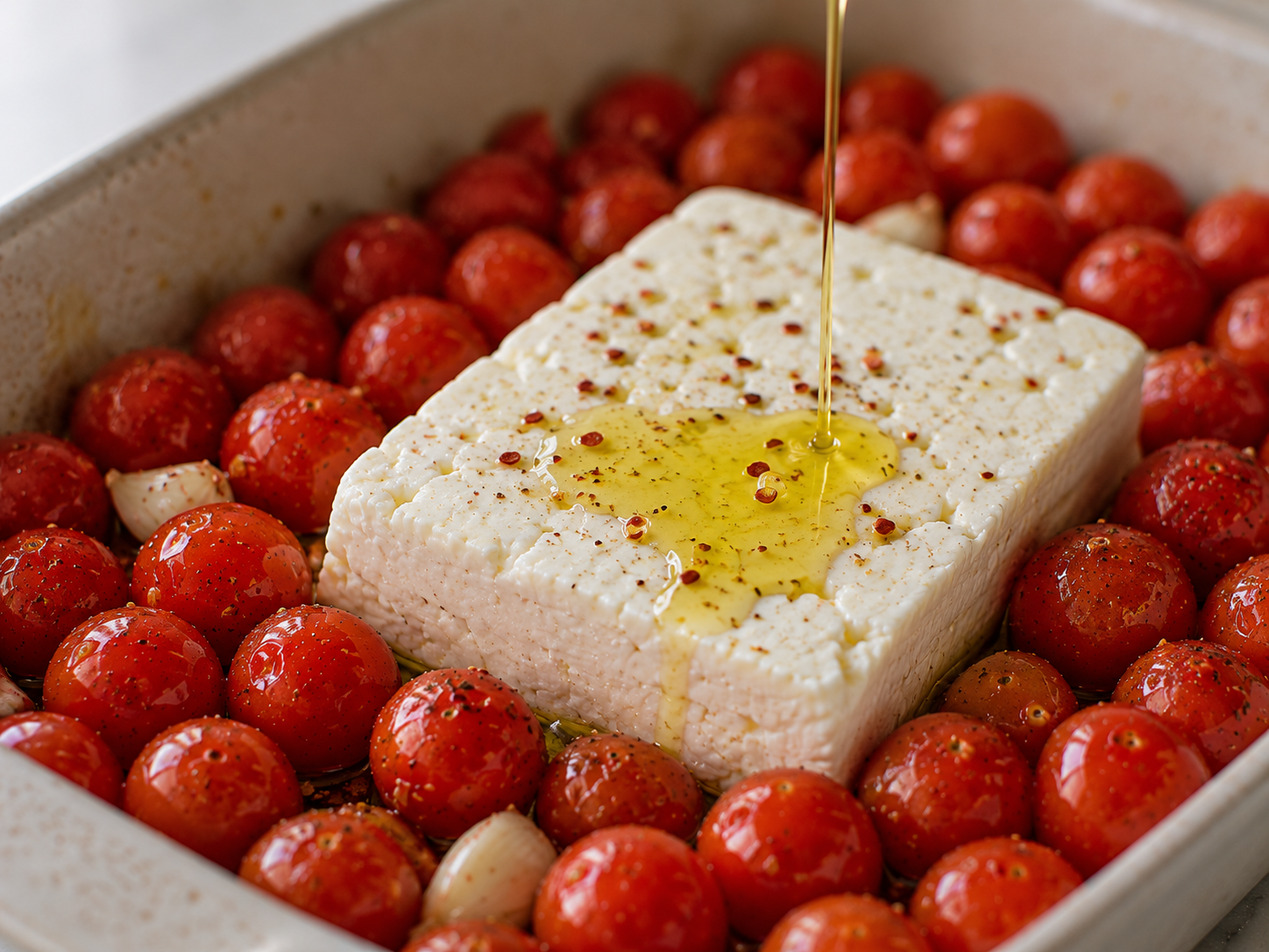 Block of feta placed in the center of the tomatoes with a drizzle of olive oil — ready to roast