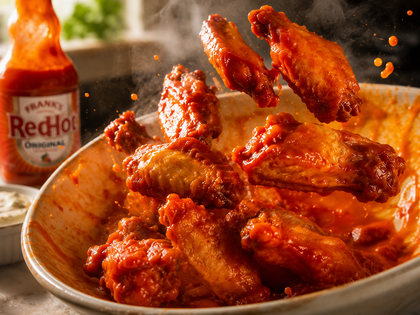 Crispy air fryer wings being tossed in buffalo sauce just before serving