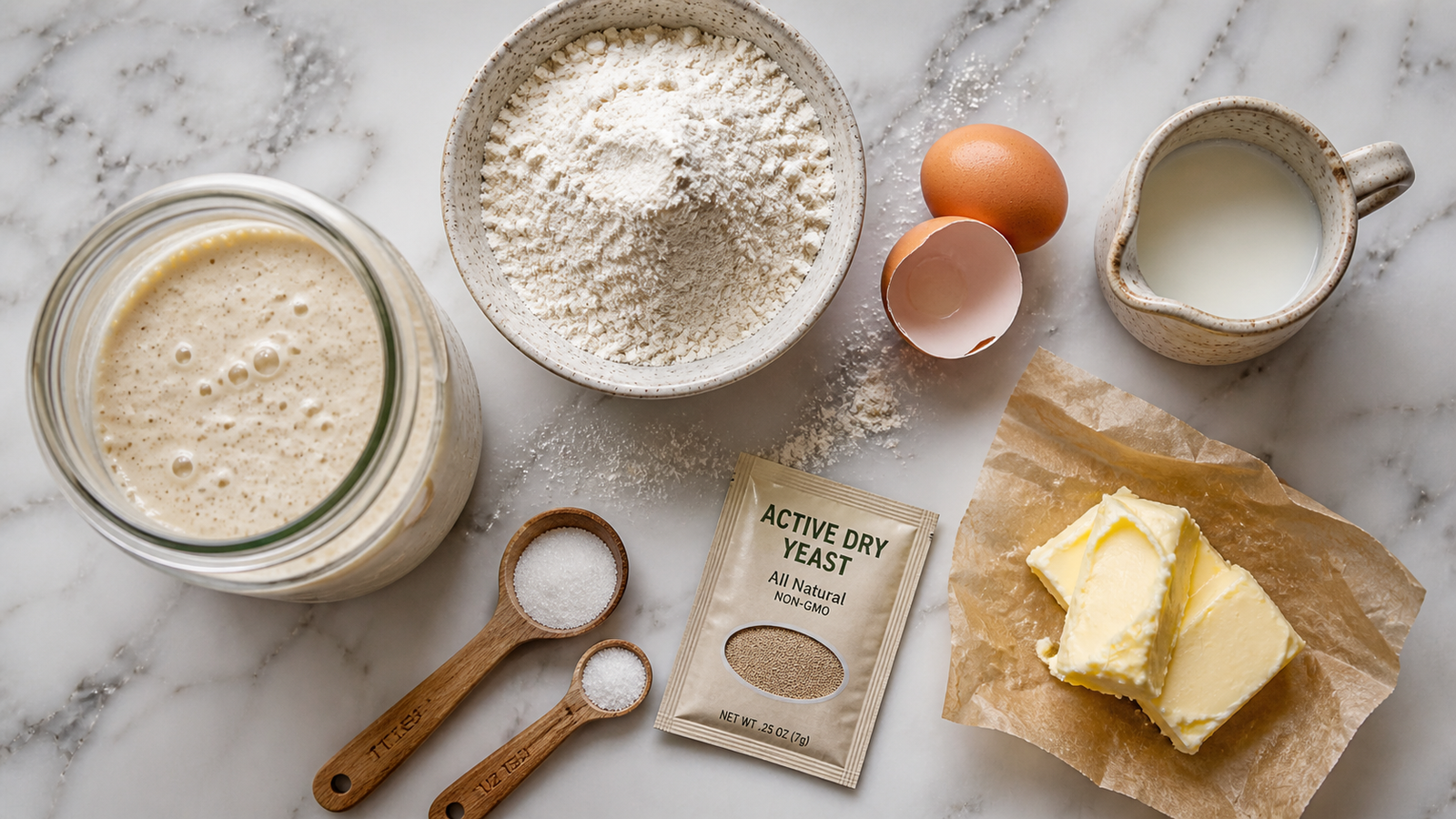 All sourdough discard roll ingredients laid out: discard, flour, yeast, butter, egg, milk and sugar