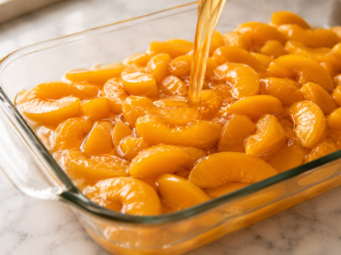 Canned peaches poured with all their juice into the baking dish — spread into an even layer